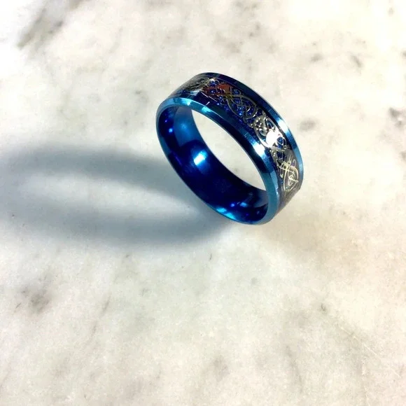 Stainless Steel Blue Dragon Band Ring - Picture 3 of 3